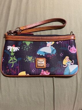 Dooney & Bourke Black Alice Print Wristlet with Brown Trim